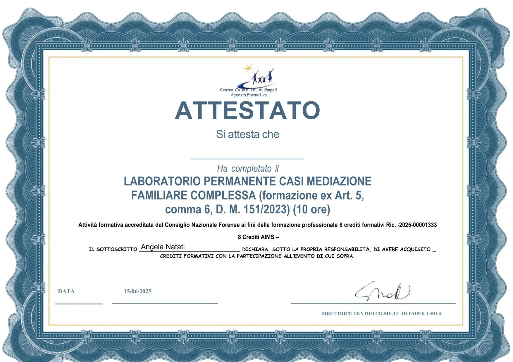 Attestato di partecipazione al "laboratorio permanente casi mediazione familiare complessa" (15-06-2025)